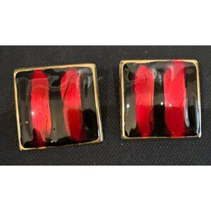 Vintage Earrings Gold Tone Black Red Enamel Square  Pierced 1.5”